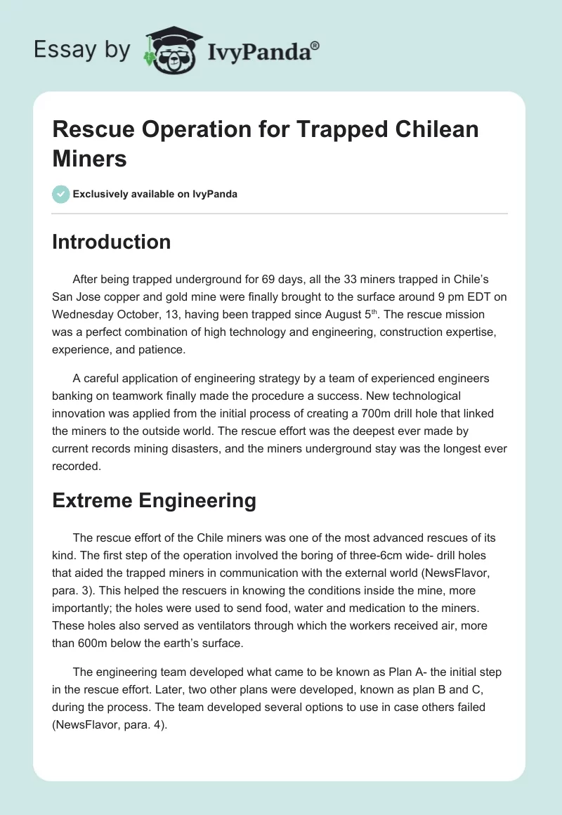 Rescue Operation for Trapped Chilean Miners. Page 1
