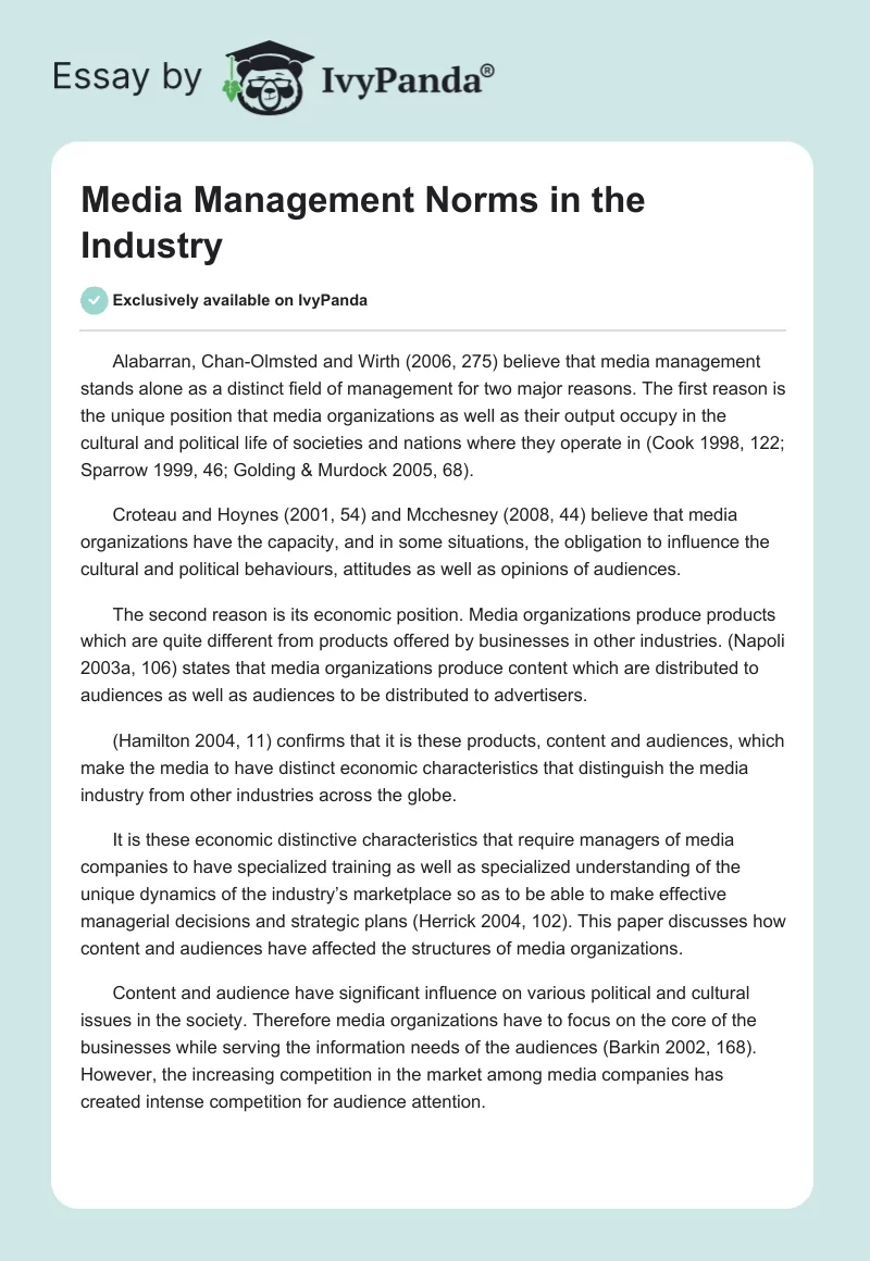 Media Management Norms in the Industry. Page 1