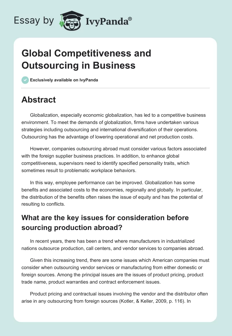 Global Competitiveness and Outsourcing in Business. Page 1