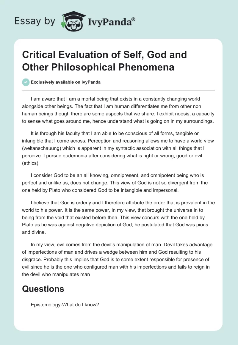 Critical Evaluation of Self, God and Other Philosophical Phenomena. Page 1