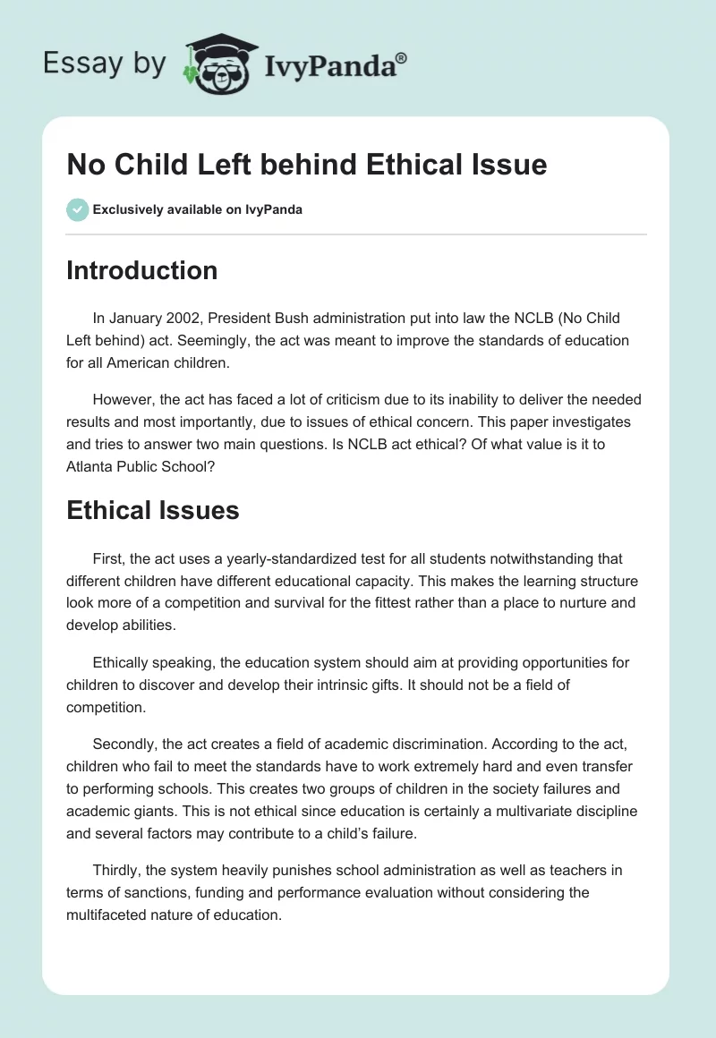 No Child Left behind Ethical Issue. Page 1