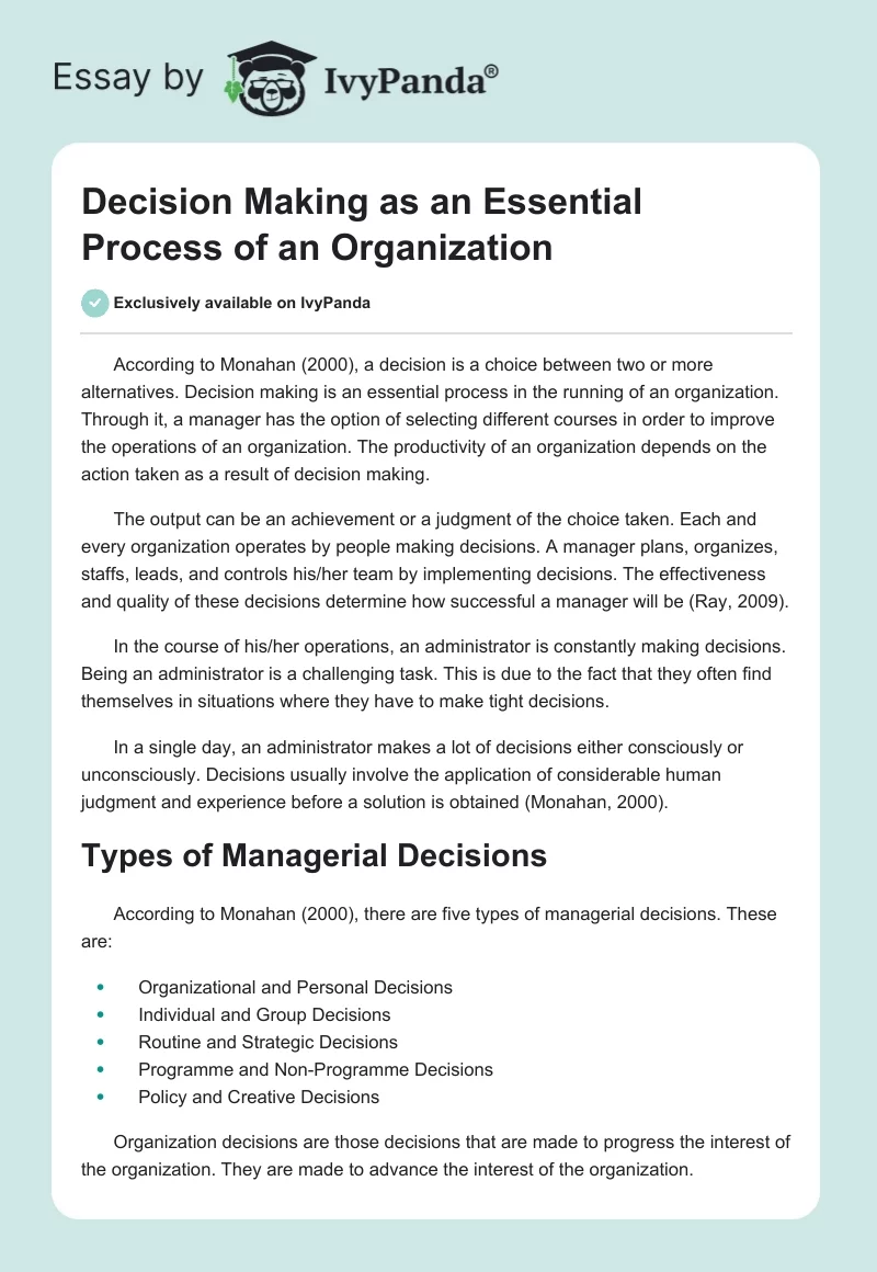 Decision Making as an Essential Process of an Organization. Page 1