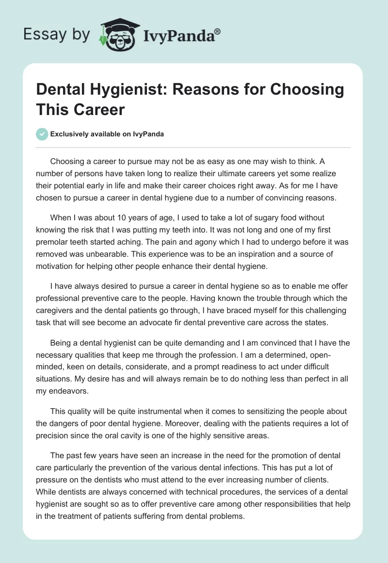 Dental Hygienist: Reasons for Choosing This Career. Page 1