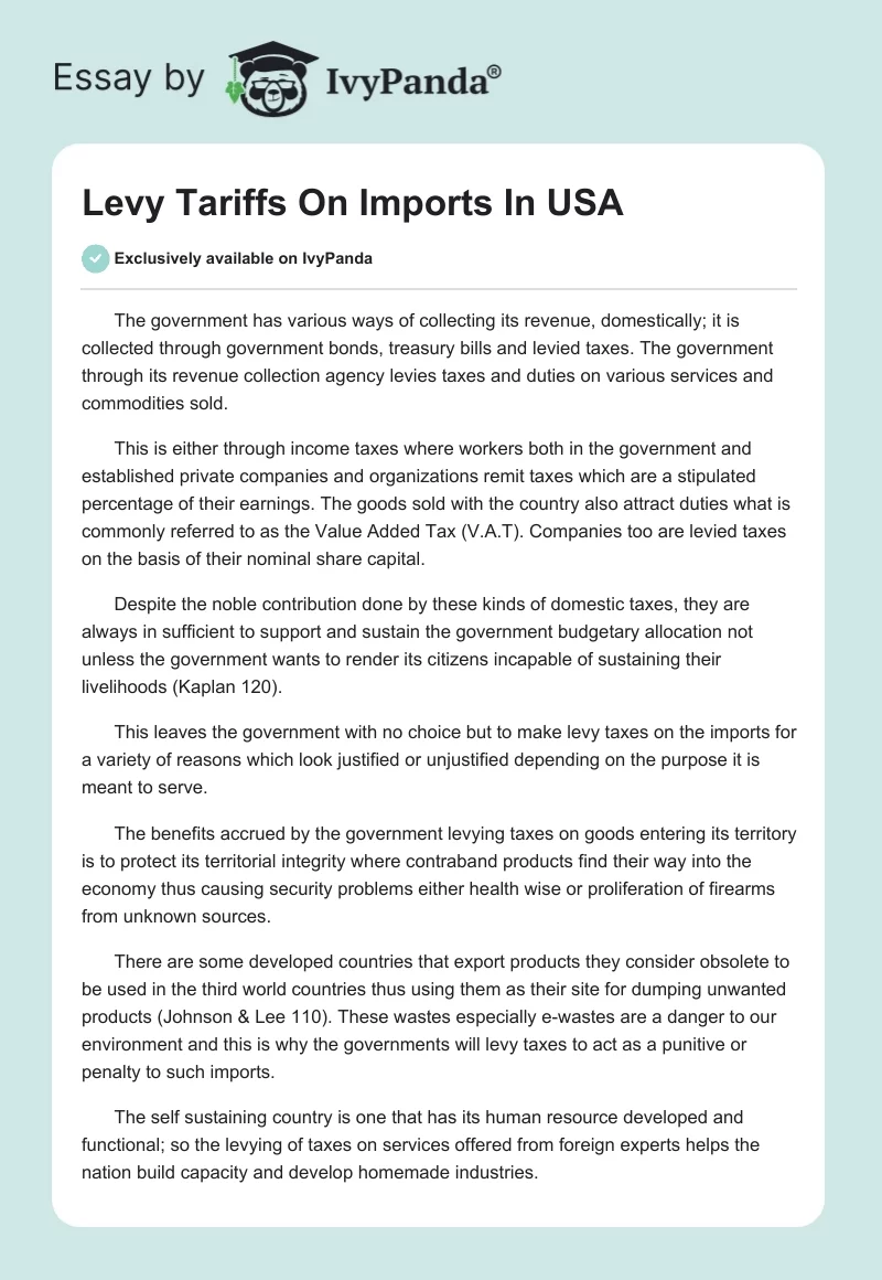 Levy Tariffs On Imports In USA. Page 1