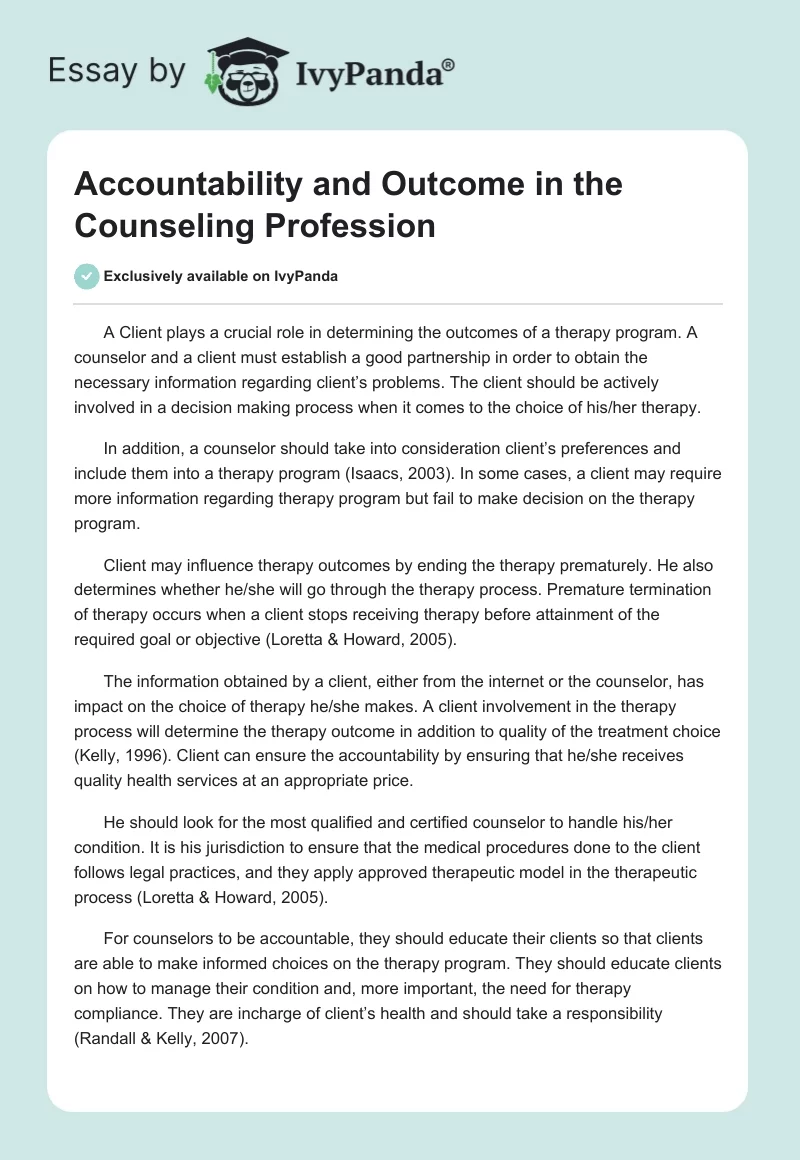 Accountability and Outcome in the Counseling Profession. Page 1