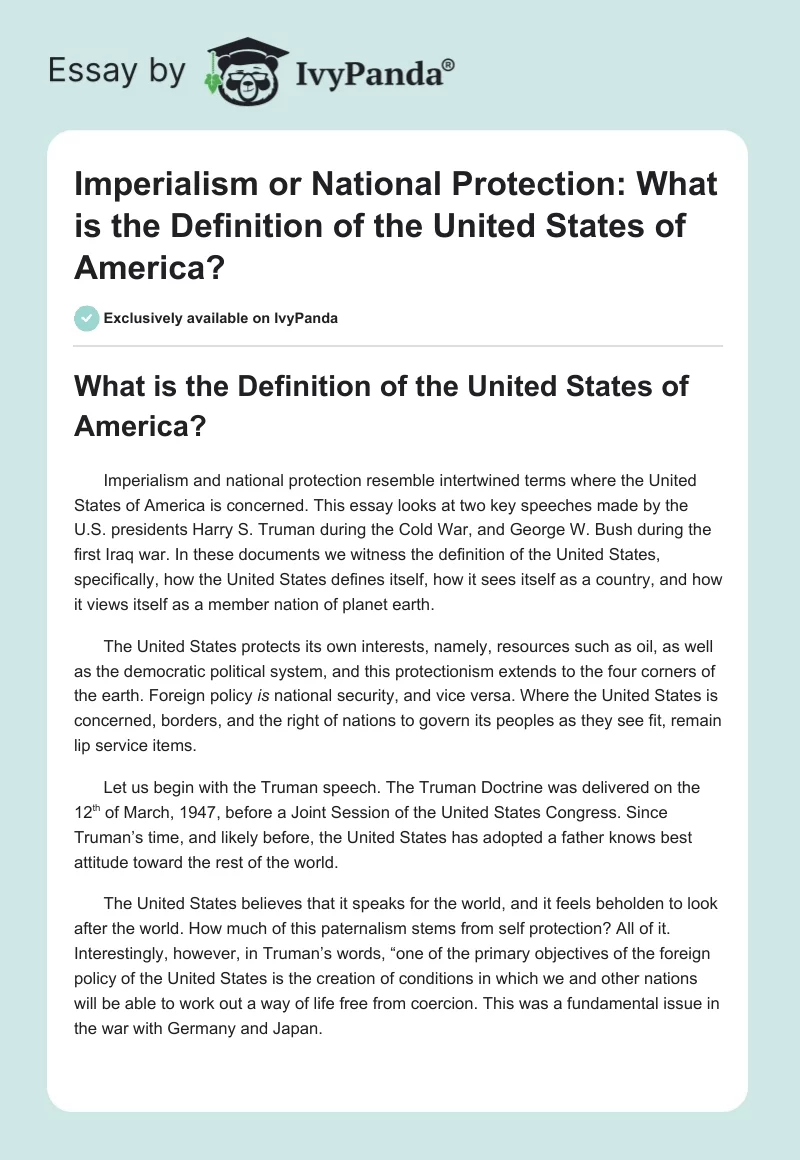 Imperialism or National Protection: What is the Definition of the United States of America?. Page 1