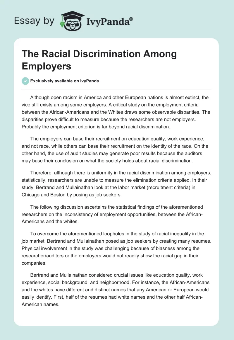 The Racial Discrimination Among Employers. Page 1
