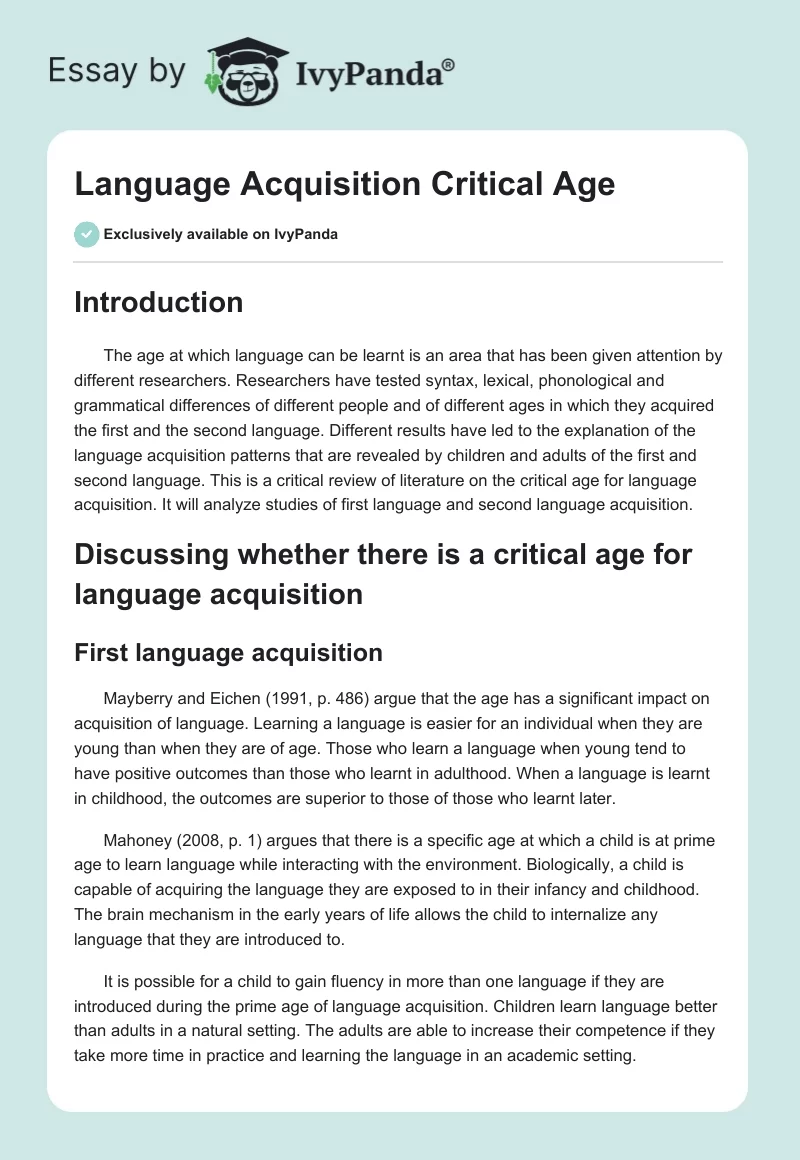 Language Acquisition Critical Age. Page 1