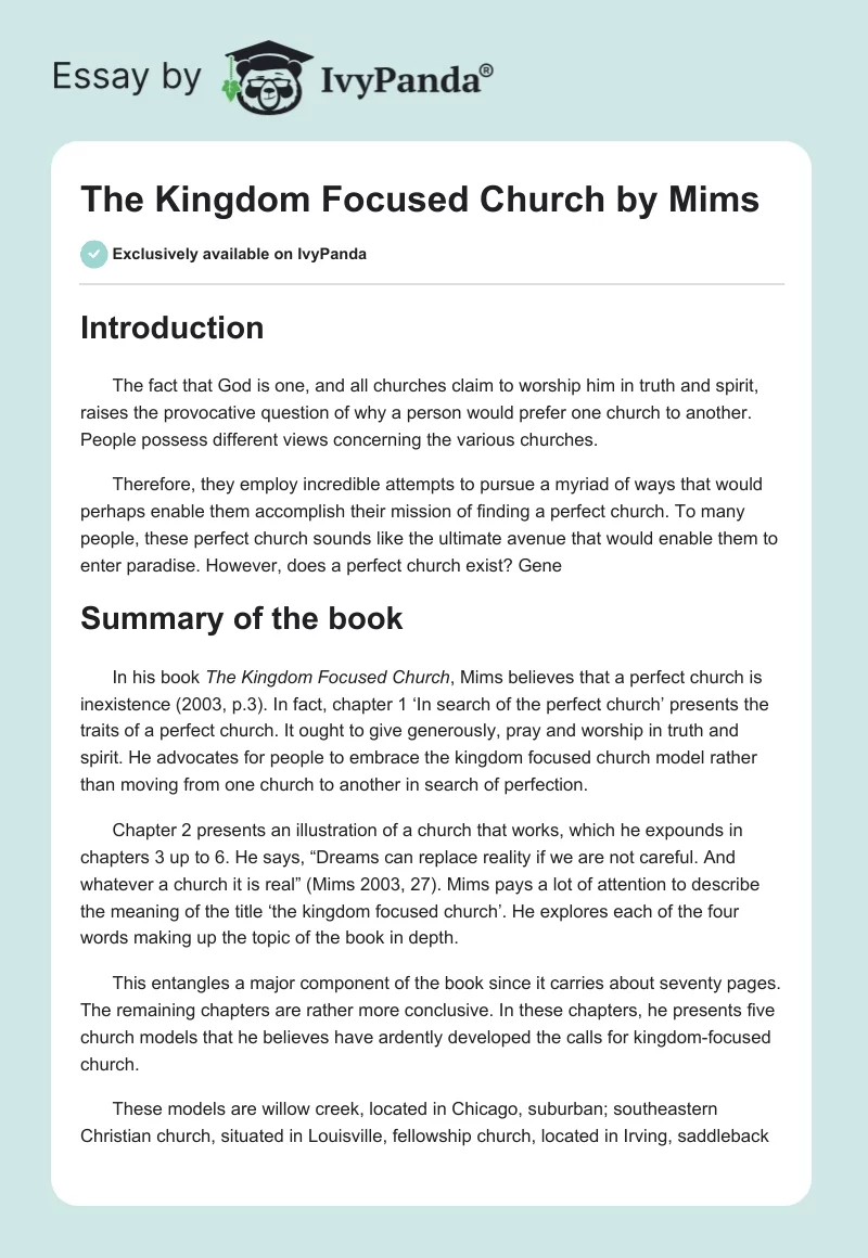 "The Kingdom Focused Church" by Mims. Page 1