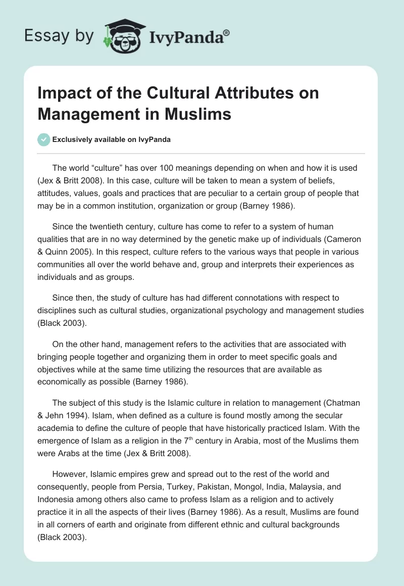 Impact of the Cultural Attributes on Management in Muslims. Page 1