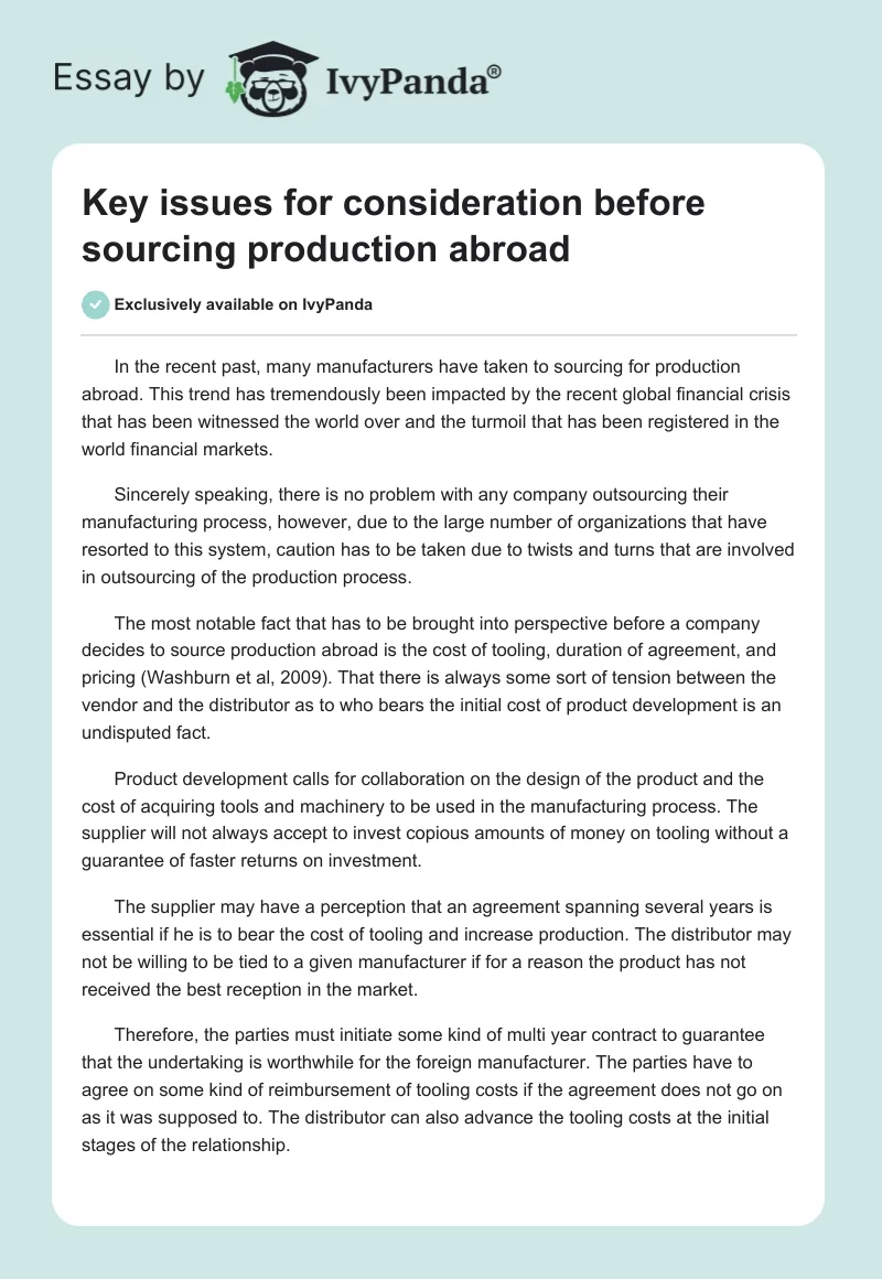 Key issues for consideration before sourcing production abroad. Page 1