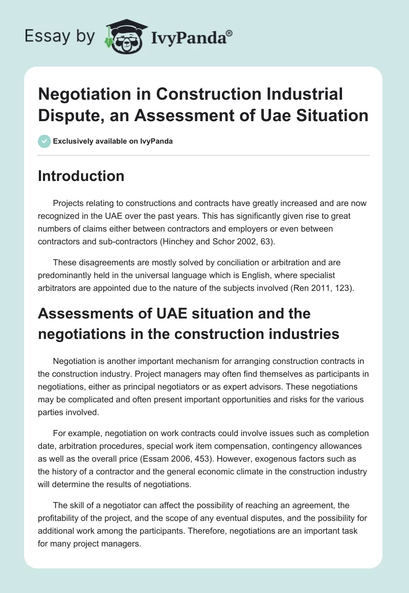 Negotiation in Construction Industrial Dispute, an Assessment of Uae Situation. Page 1