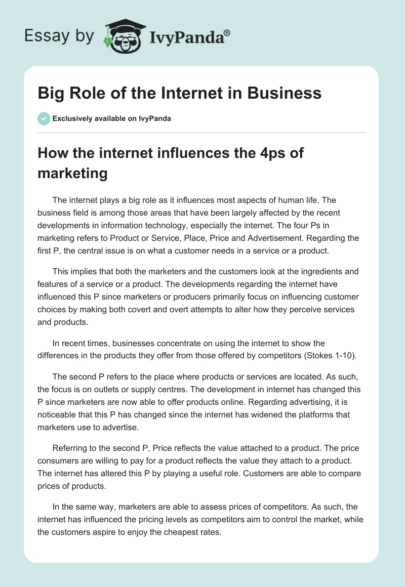 Big Role of the Internet in Business. Page 1
