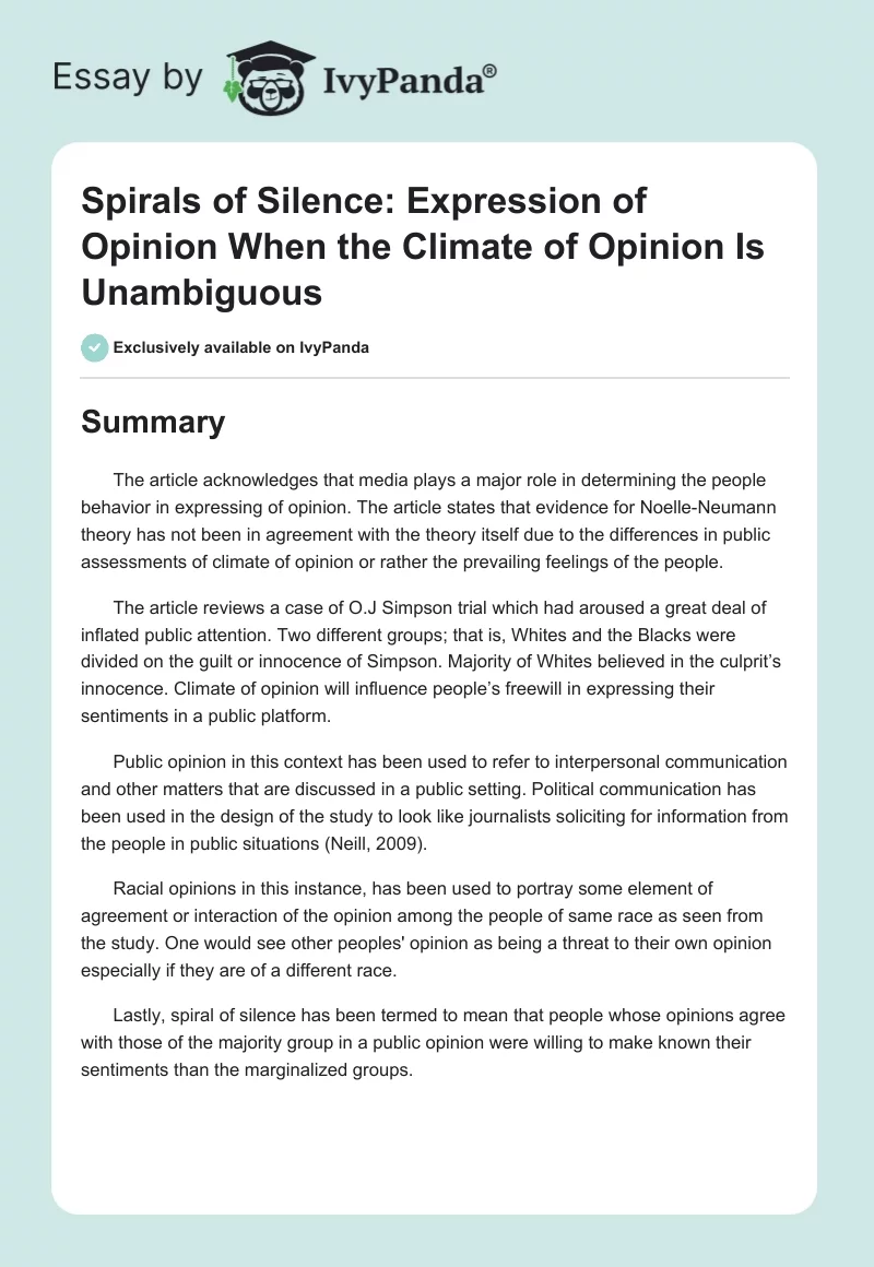 Spirals of Silence: Expression of Opinion When the Climate of Opinion Is Unambiguous. Page 1