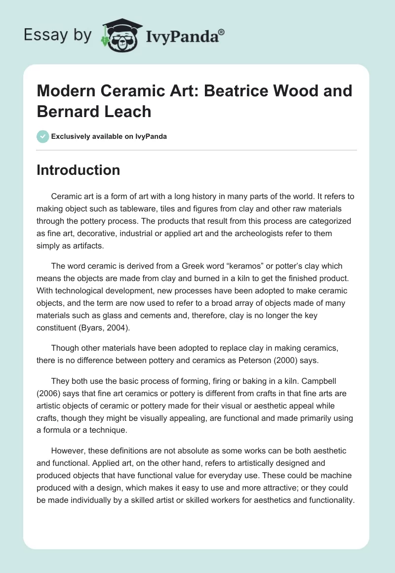 Modern Ceramic Art: Beatrice Wood and Bernard Leach. Page 1
