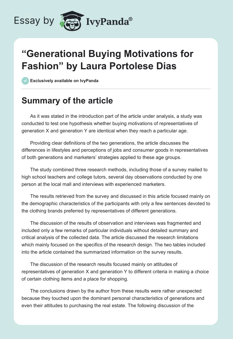 “Generational Buying Motivations for Fashion” by Laura Portolese Dias. Page 1