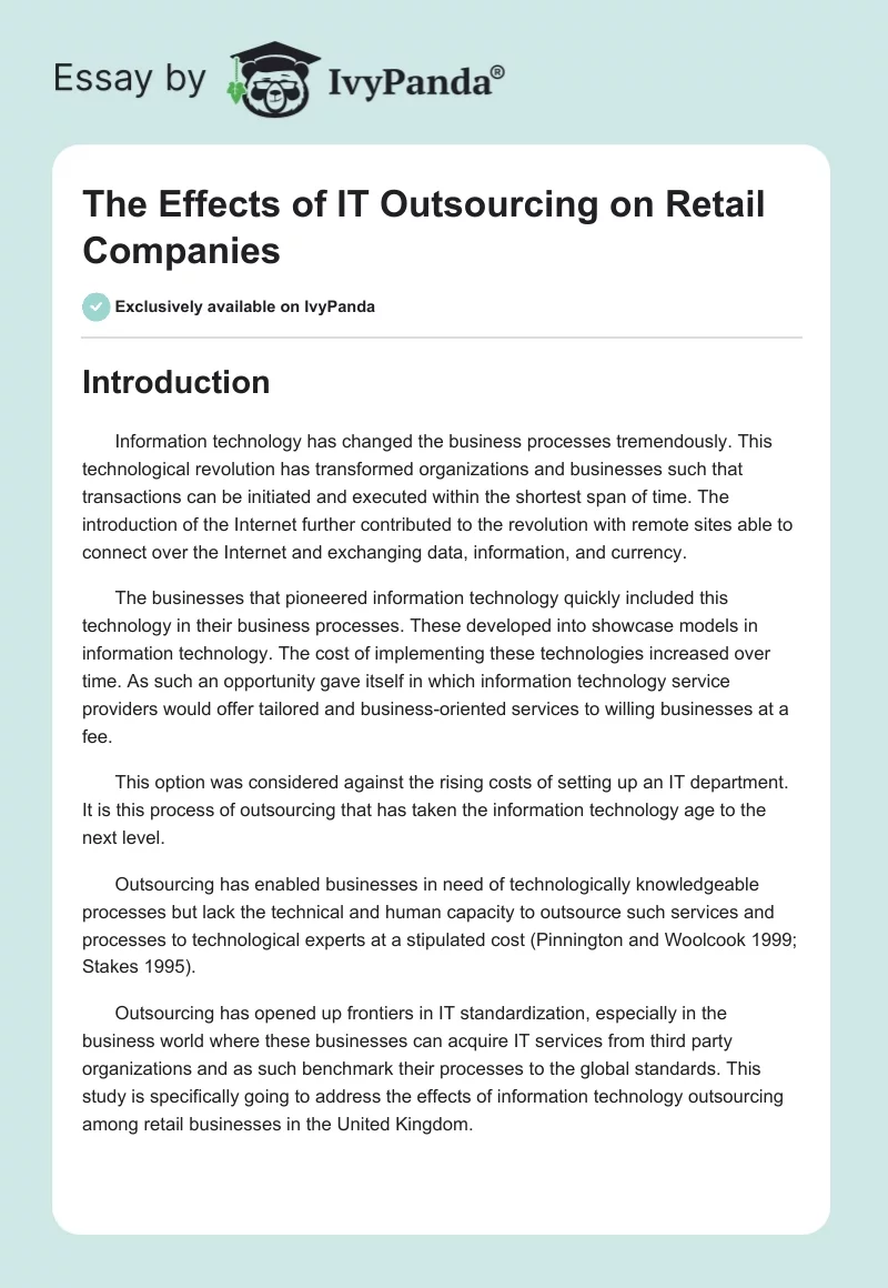 The Effects of IT Outsourcing on Retail Companies. Page 1