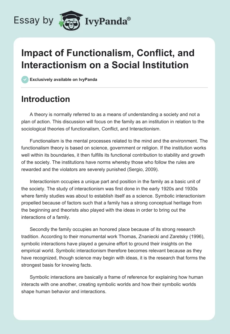 Impact of Functionalism, Conflict, and Interactionism on a Social Institution. Page 1