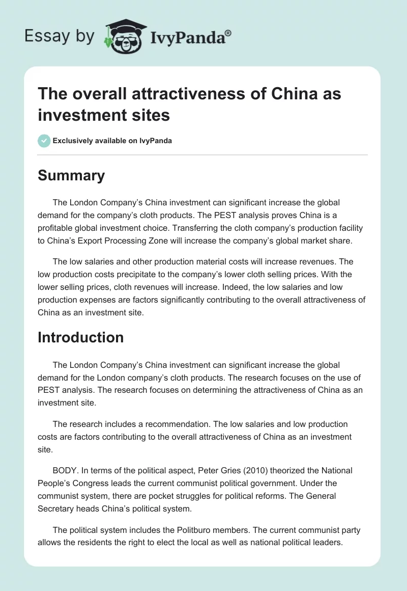 The overall attractiveness of China as investment sites. Page 1