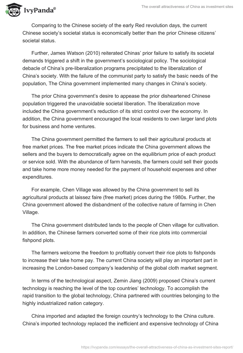 The overall attractiveness of China as investment sites. Page 4