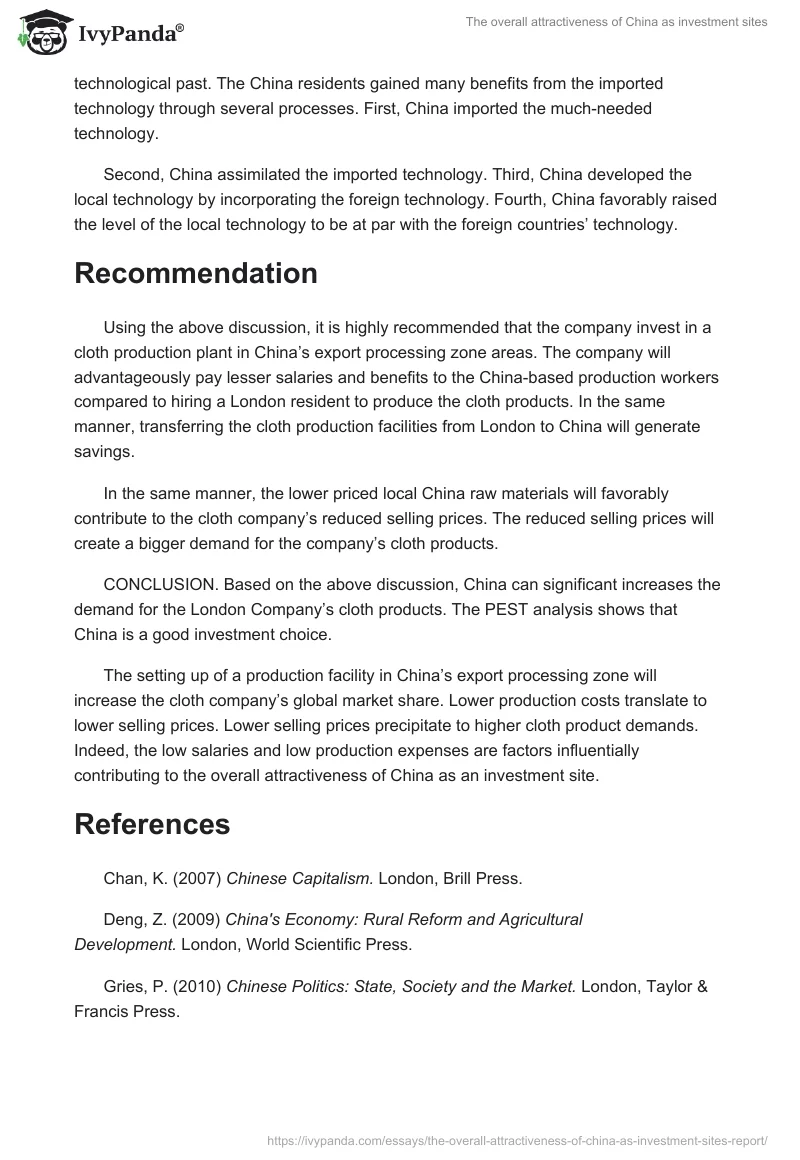 The overall attractiveness of China as investment sites. Page 5