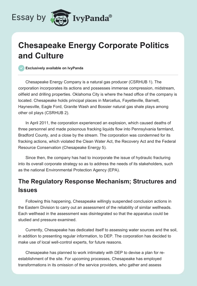 Chesapeake Energy Corporate Politics and Culture. Page 1