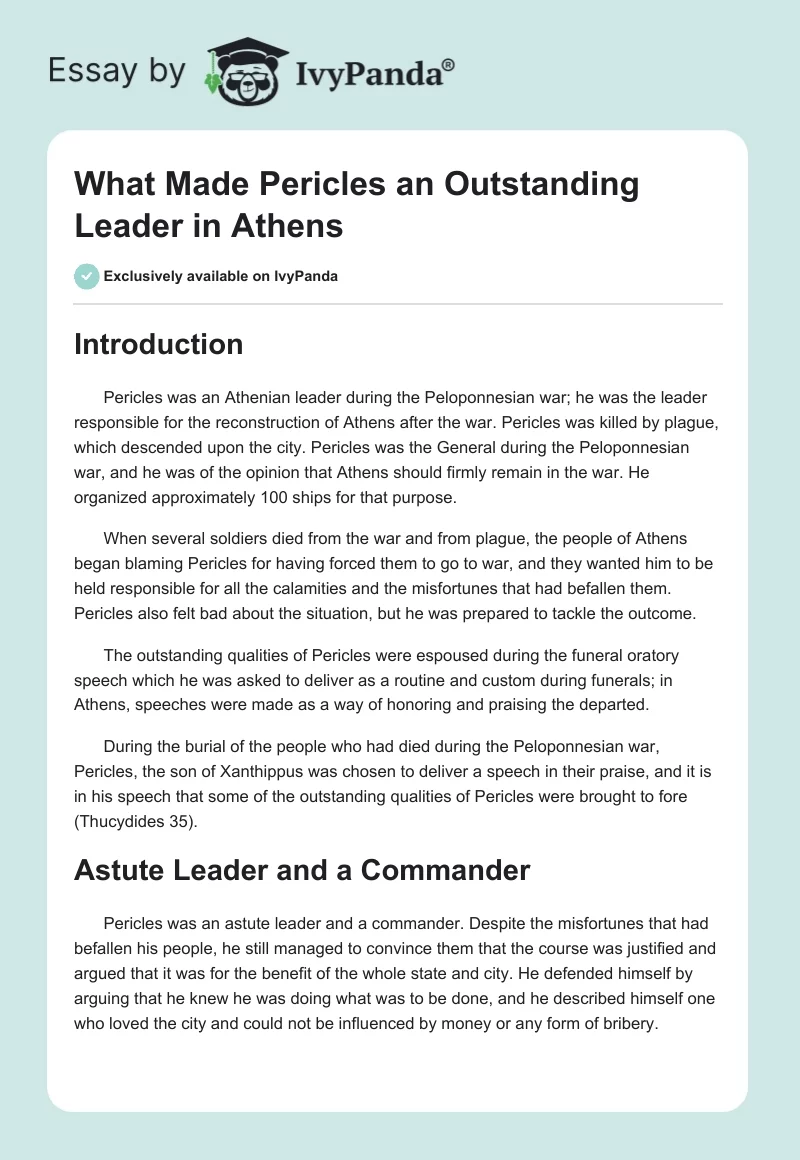What Made Pericles an Outstanding Leader in Athens. Page 1