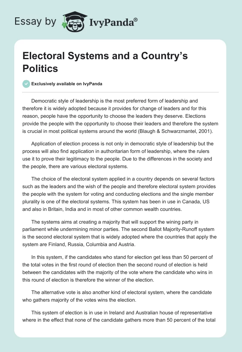 Electoral Systems and a Country’s Politics. Page 1