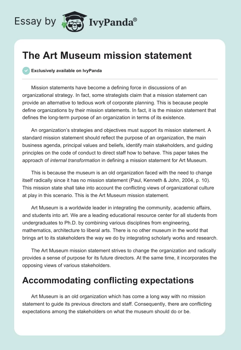 The Art Museum mission statement. Page 1