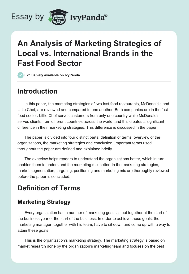 An Analysis of Marketing Strategies of Local vs. International Brands in the Fast Food Sector. Page 1