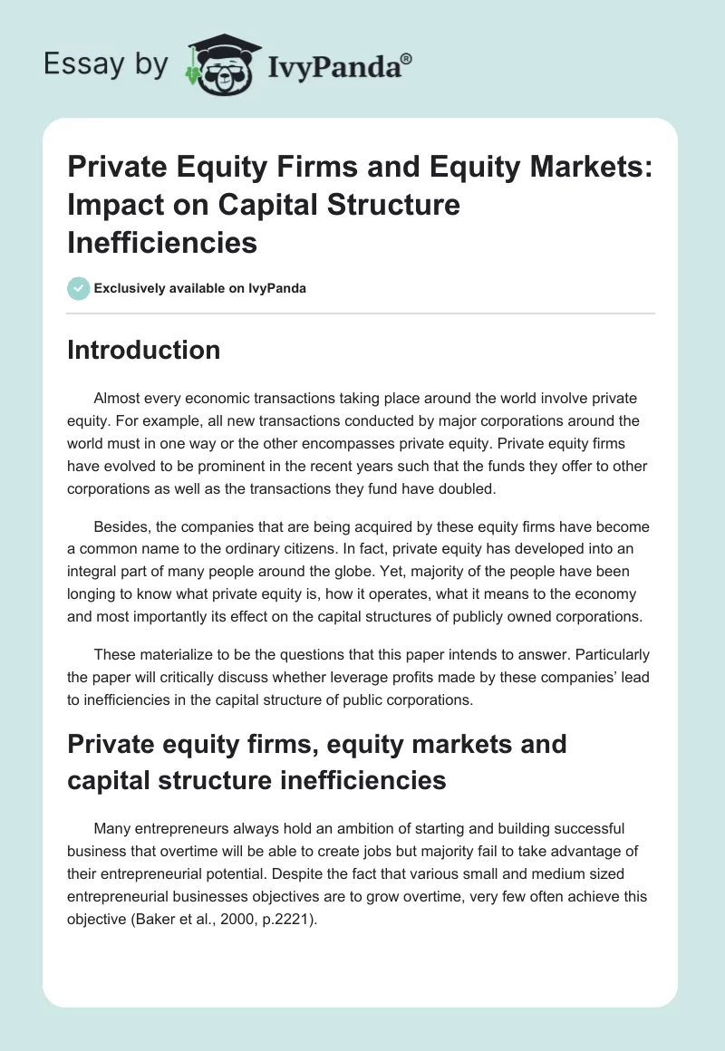Private Equity Firms and Equity Markets: Impact on Capital Structure Inefficiencies. Page 1