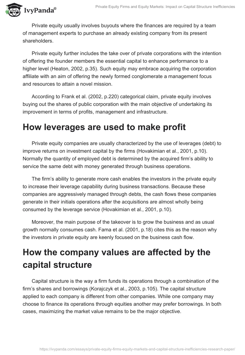 Private Equity Firms and Equity Markets: Impact on Capital Structure Inefficiencies. Page 3