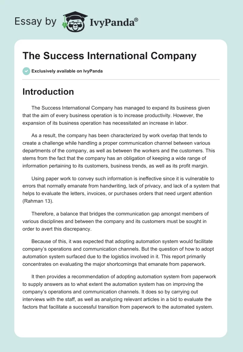 The Success International Company. Page 1