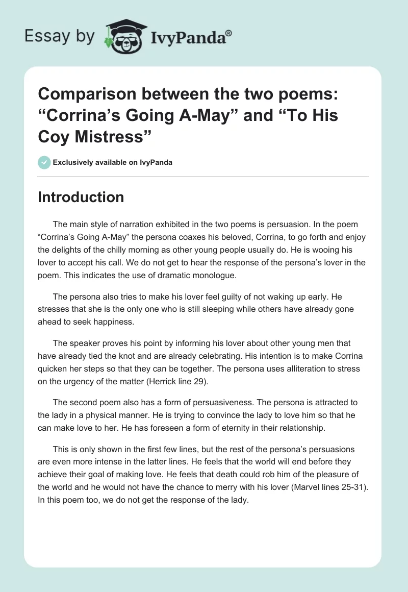 Comparison between the two poems: “Corrina’s Going A-May” and “To His Coy Mistress”. Page 1