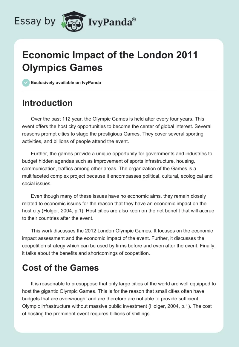 Economic Impact of the London 2011 Olympics Games. Page 1