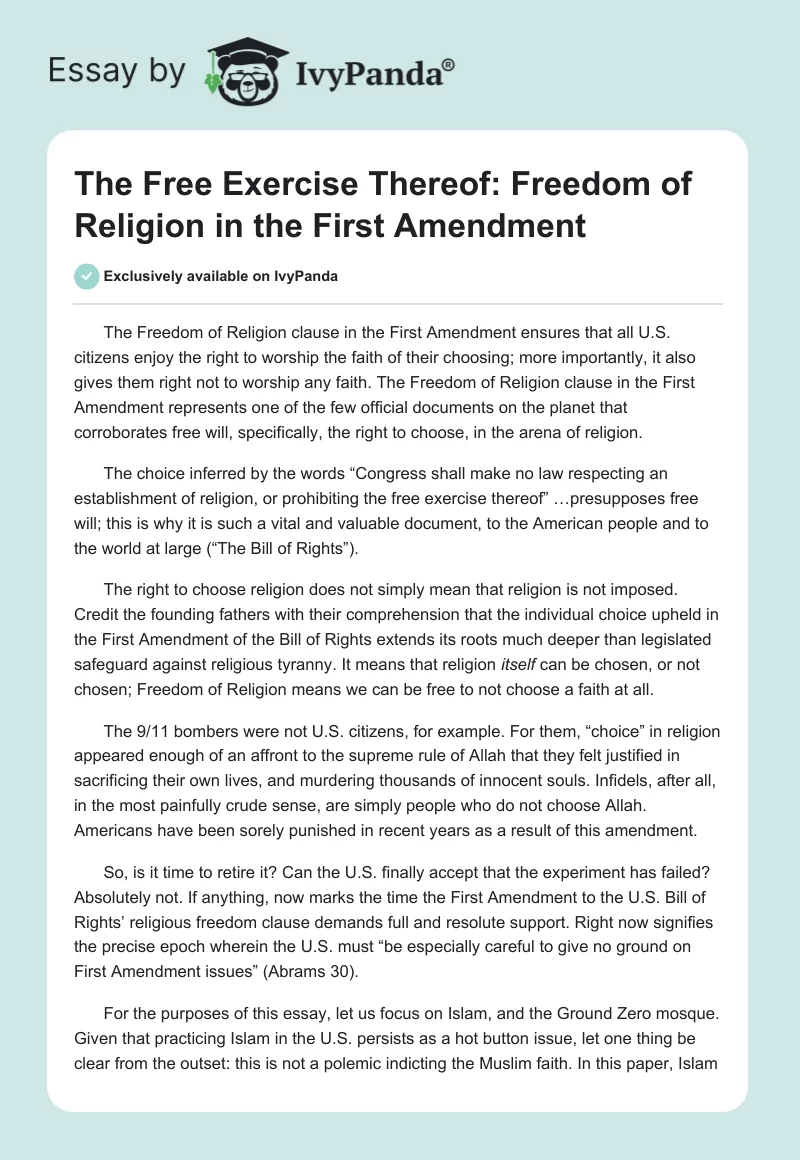 The Free Exercise Thereof: Freedom of Religion in the First Amendment. Page 1