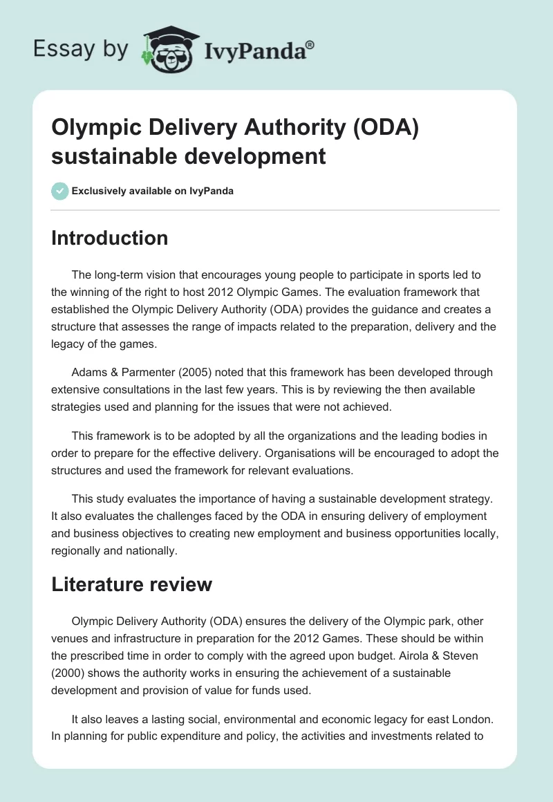 Olympic Delivery Authority (ODA) sustainable development. Page 1