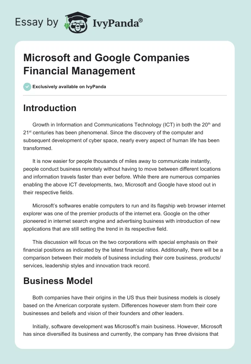 Microsoft and Google Companies Financial Management. Page 1