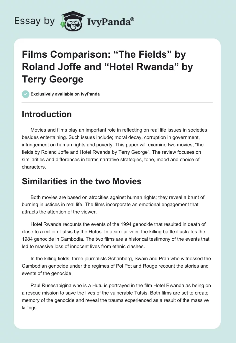 Films Comparison: “The Fields” by Roland Joffe and “Hotel Rwanda” by Terry George. Page 1