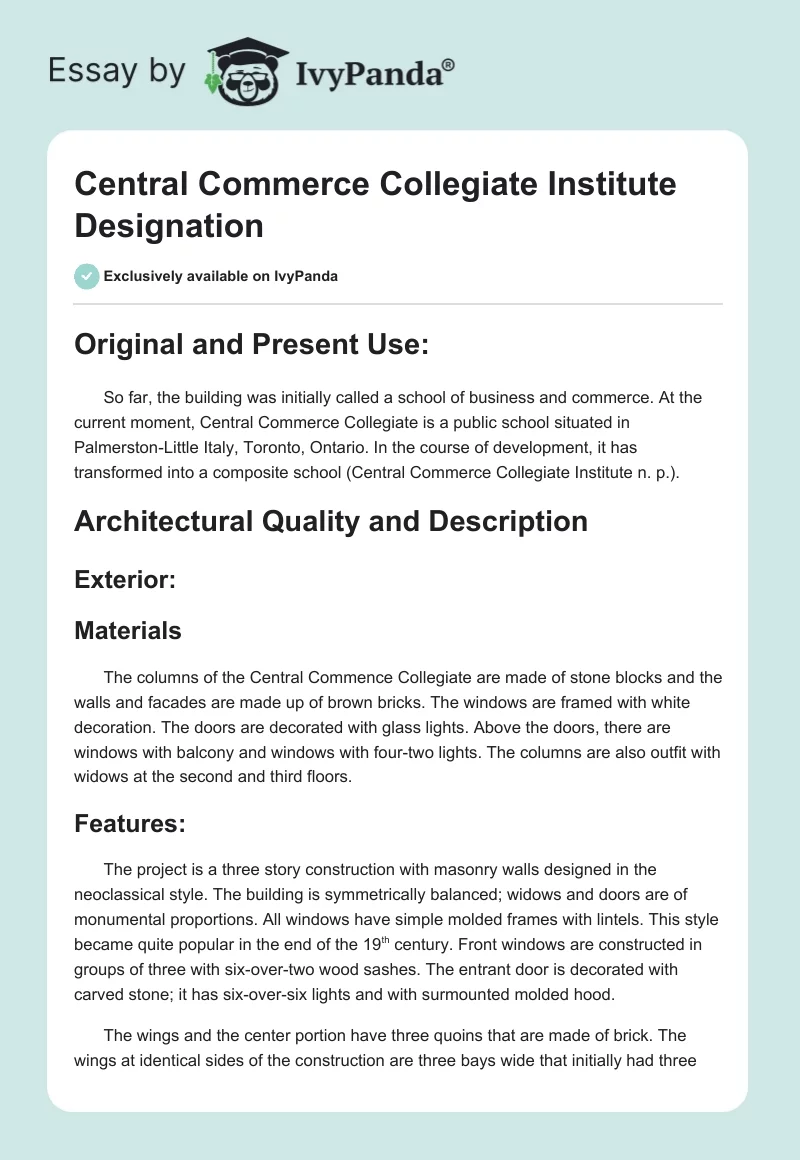 Central Commerce Collegiate Institute Designation. Page 1