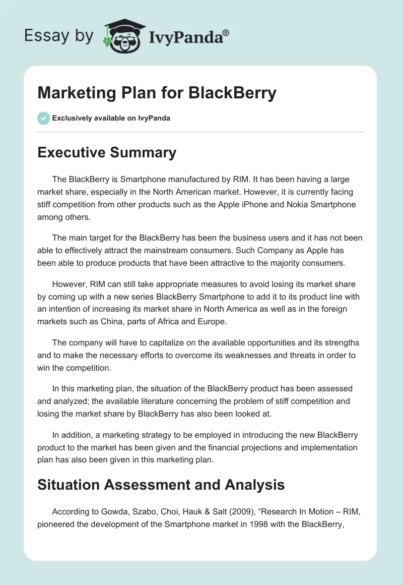 Marketing Plan for BlackBerry. Page 1