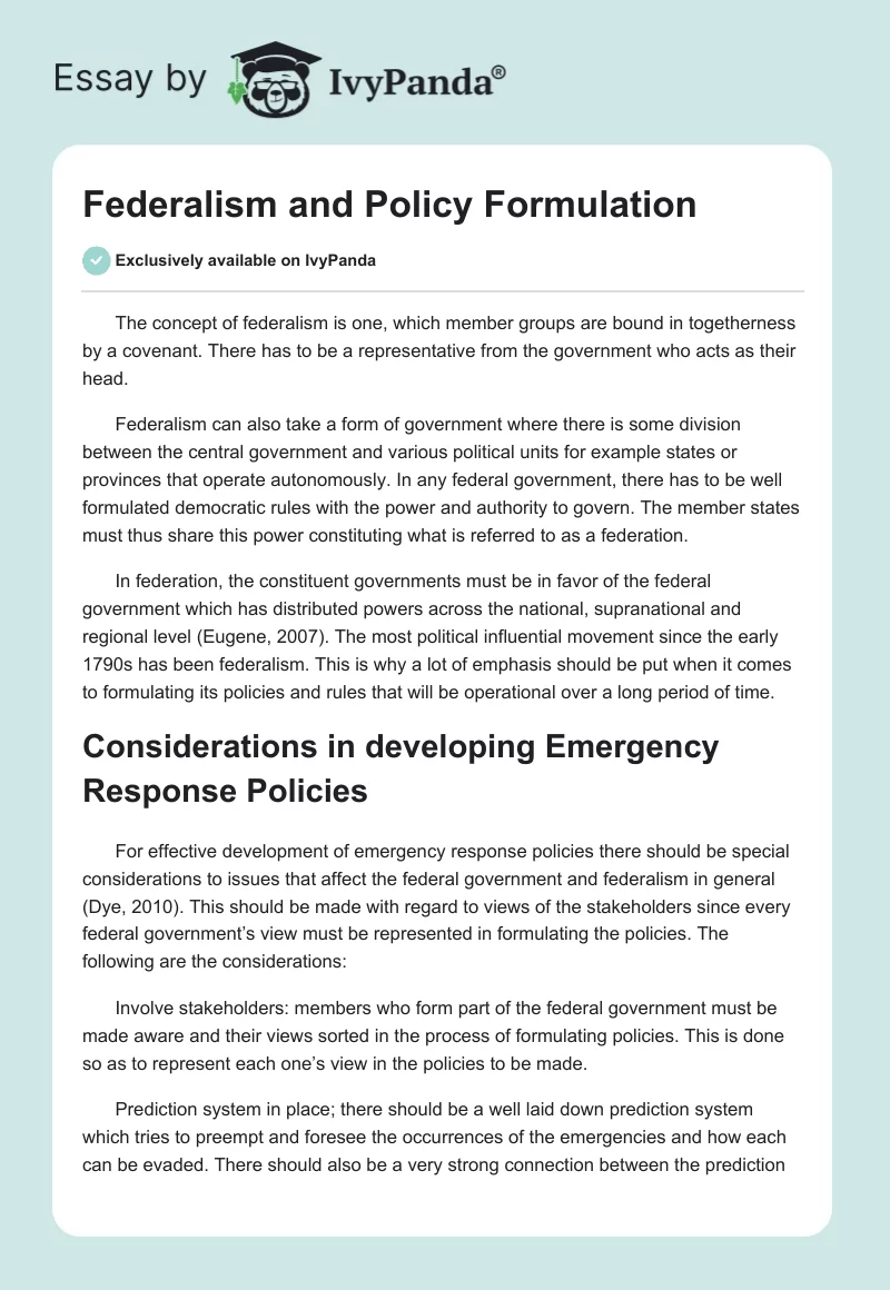 Federalism and Policy Formulation. Page 1