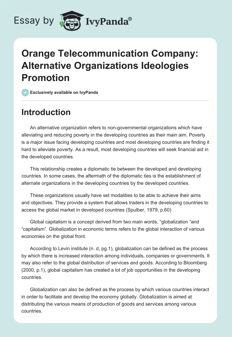 Orange Telecommunication Company: Alternative Organizations Ideologies Promotion. Page 1