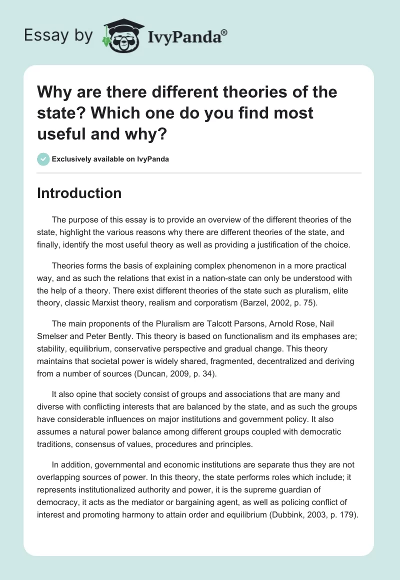 Why are there different theories of the state? Which one do you find most useful and why?. Page 1