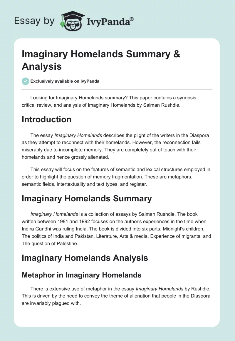 Imaginary Homelands Summary & Analysis. Page 1