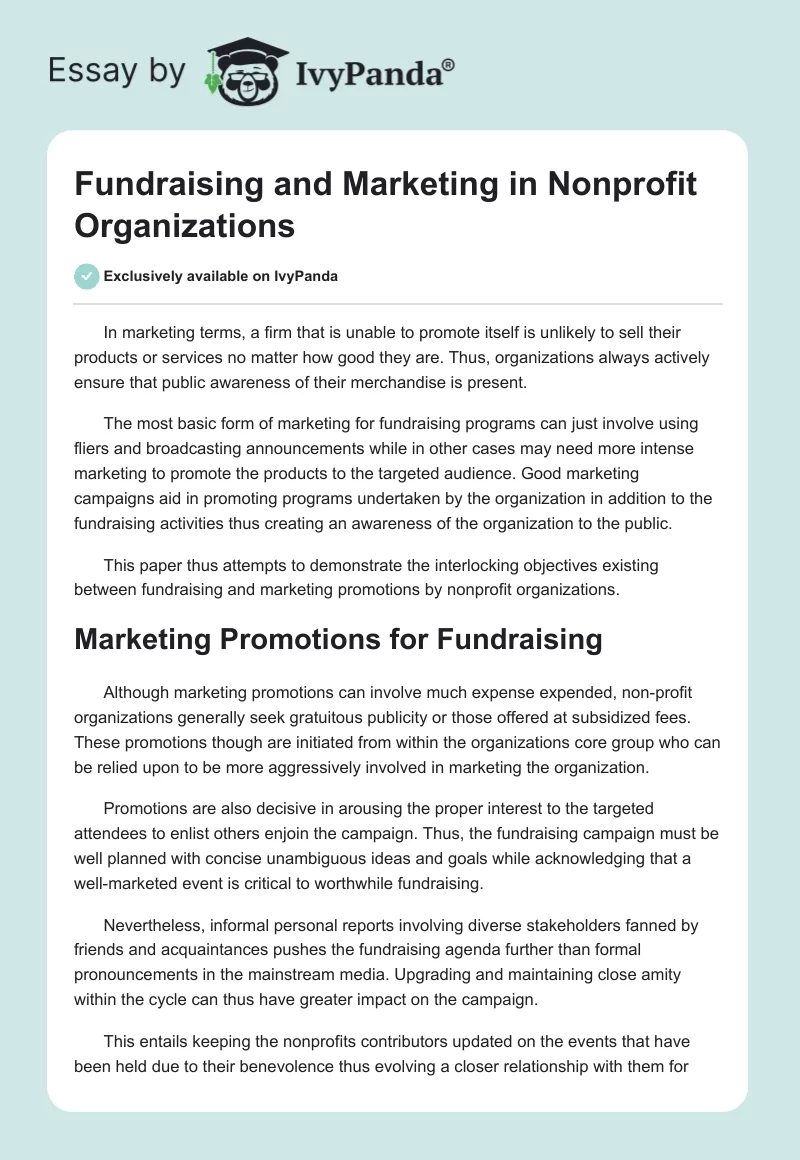 Fundraising and Marketing in Nonprofit Organizations. Page 1