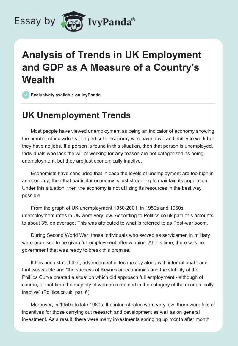 Analysis of Trends in UK Employment and GDP as a Measure of a Country's Wealth. Page 1