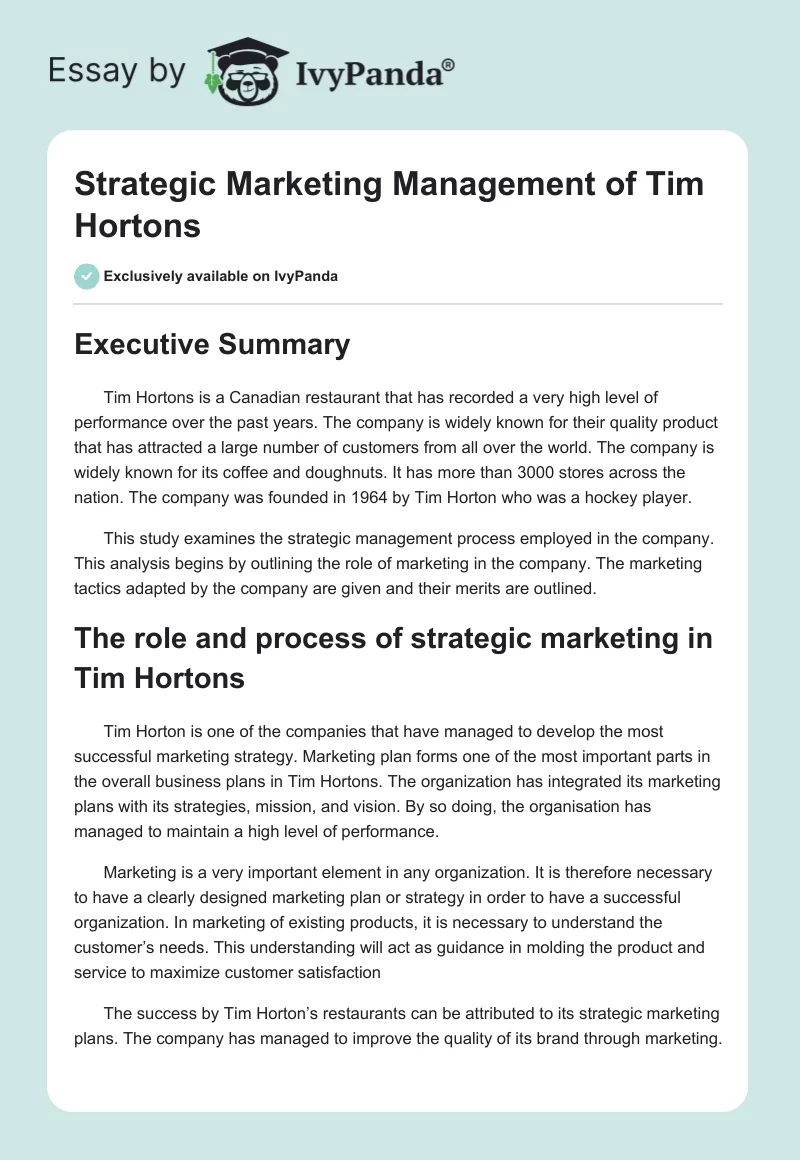 Strategic Marketing Management of Tim Hortons. Page 1