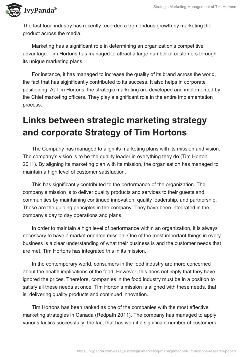 Strategic Marketing Management of Tim Hortons. Page 2