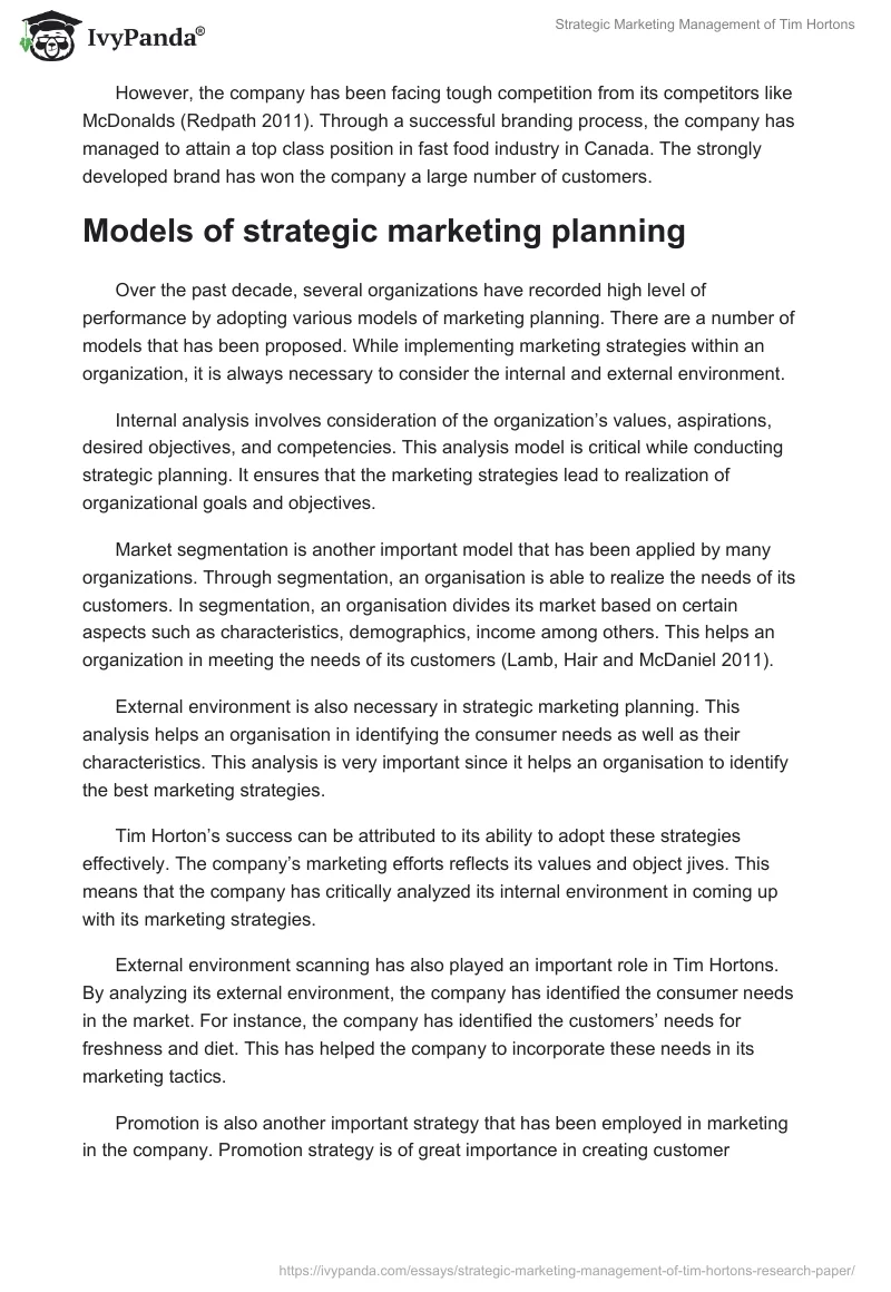 Strategic Marketing Management of Tim Hortons. Page 3